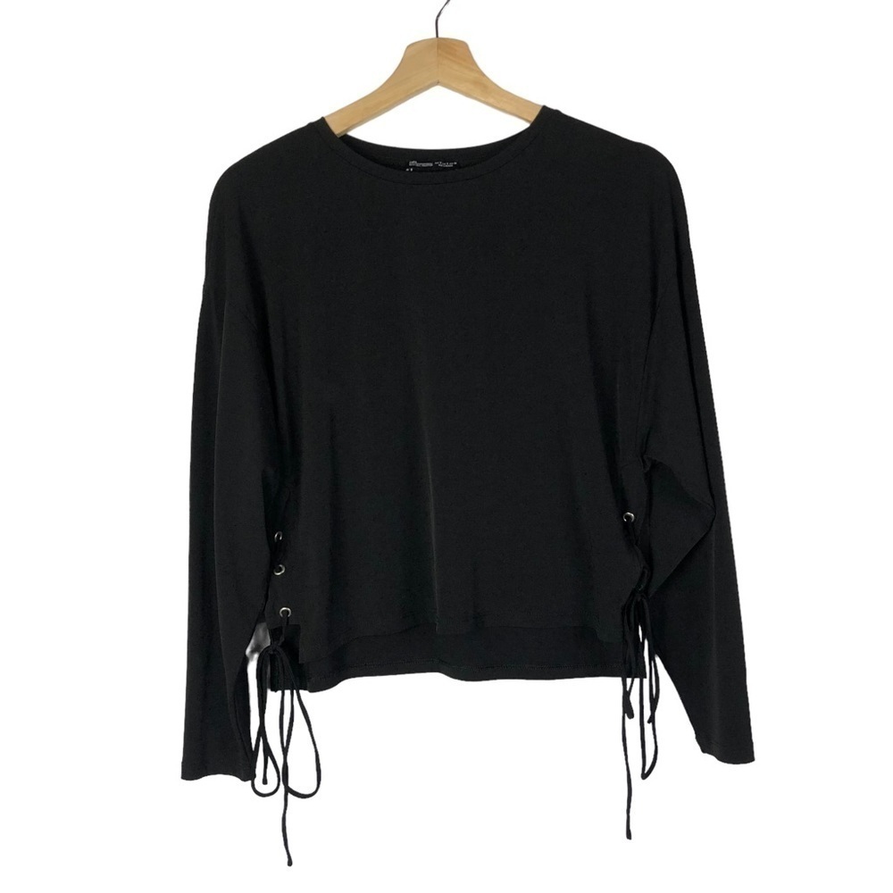 Zara Black Lace Up Side Crewneck‎ Long Sleeve Top S